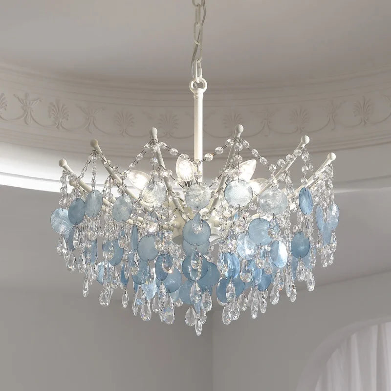French Luxury LED Pendant Lights Blue White Natural Shell Crystal Chandelier Lamps for Romantic Living Dining Bedroom Home Decor