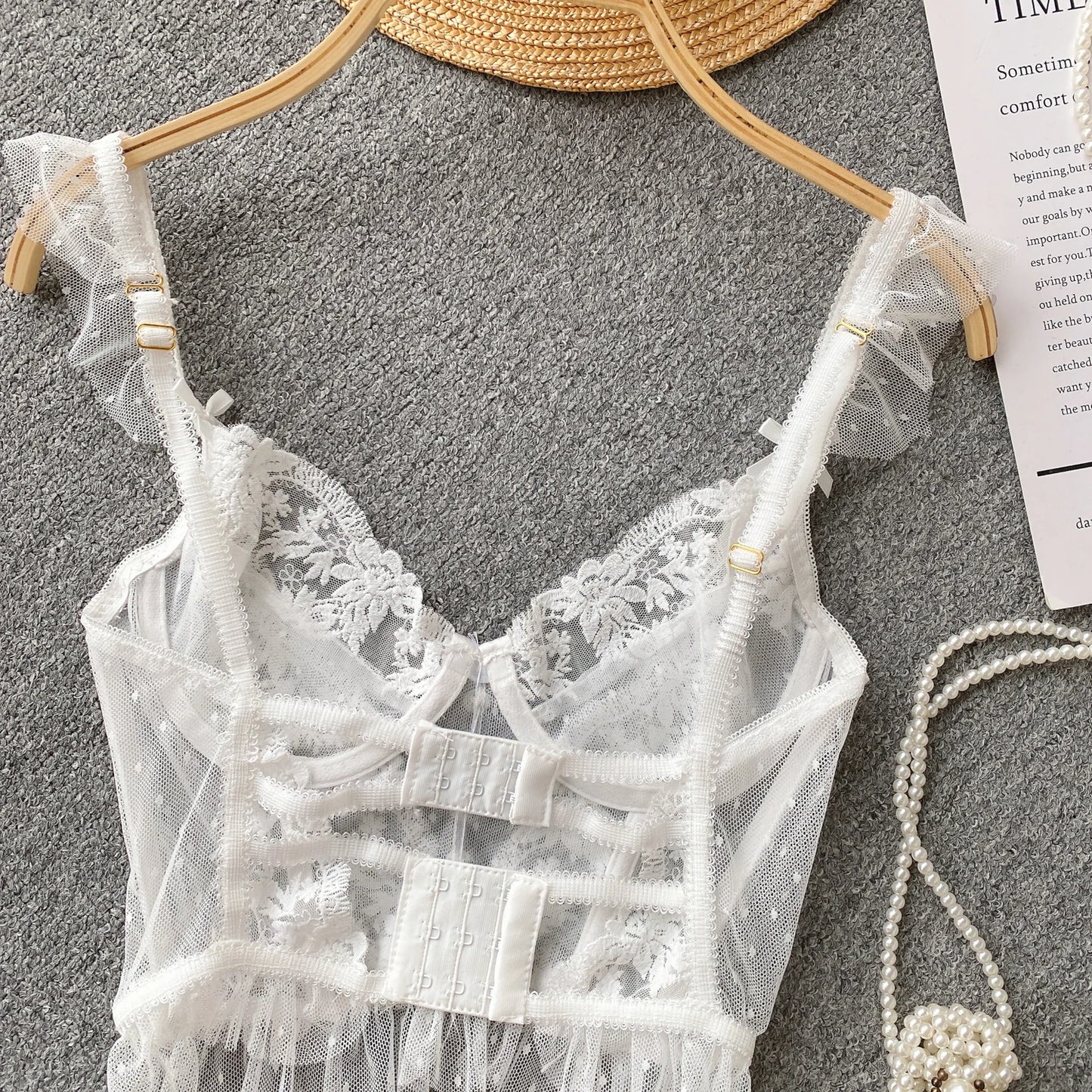 French Chic Sexy Woman Sleeveless Skinny Backless Female Corset Camis Lace Sheer Spaghetti Strap Hotsweet Tank Tops Dropshipping