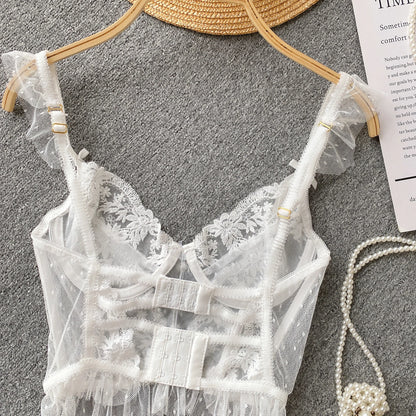 French Chic Sexy Woman Sleeveless Skinny Backless Female Corset Camis Lace Sheer Spaghetti Strap Hotsweet Tank Tops Dropshipping