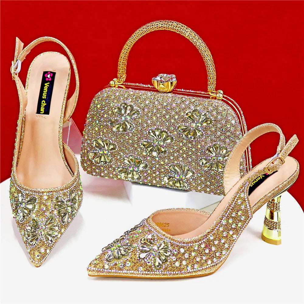 Luxury Handmade Flowers Shoes and Clutch for Women- Nigerian Style Elegant Crystal Heels with Matching Evening Bags