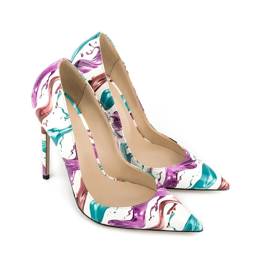 Multicolor Abstract Graffiti Print Pointed Toe Stiletto Pumps, Women Thin Heel Evening Shoes for Wedding, Formal Party and Night