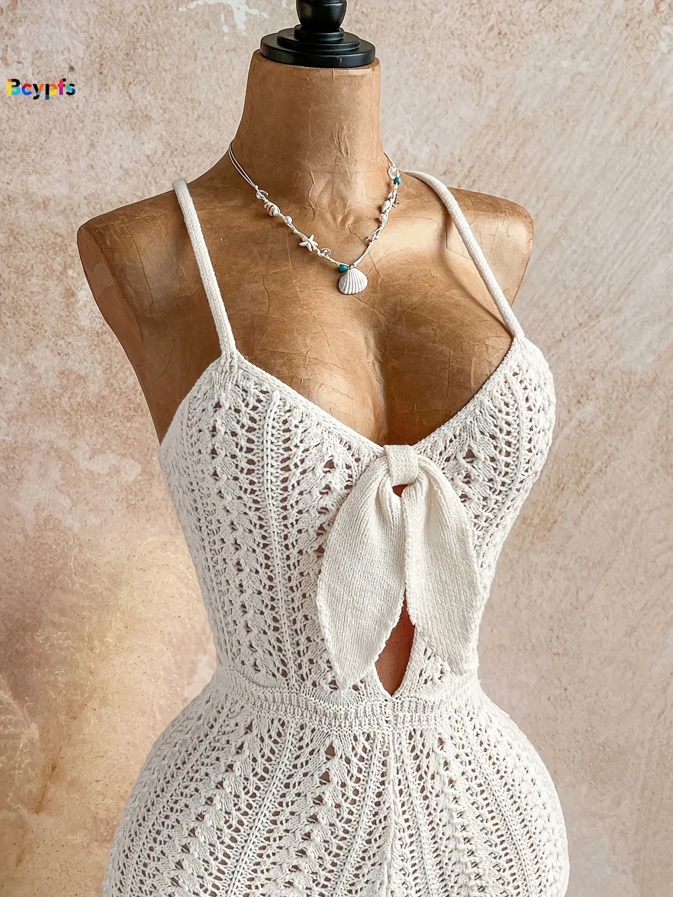 Boho White Crochet Romper for Women Front Tie Hollow Out Sleeveless Backless Knitted Playsuit Beach Holiday Outfit