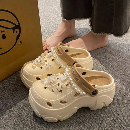Luxury DIY Pearl Chain Non Slip Clogs Women Summer 2026 Comfort Platform Slip On Sandals EVA Thick Bottom Outdoor Slippers Shoes