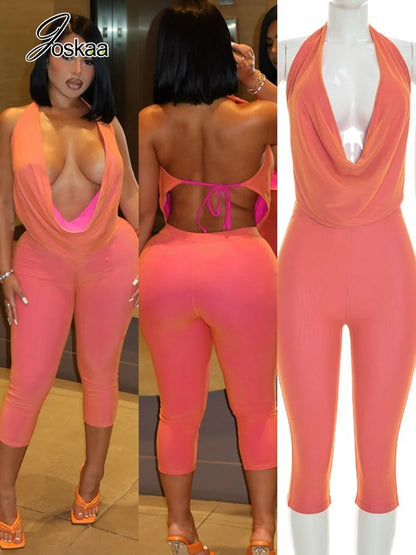 Joskaa Sexy Patchwork 2 Piece Set Women Cowl Neck Halter Backless Tie-Up Crop Top+High Waist Capri Pants Matching Party Clubwear