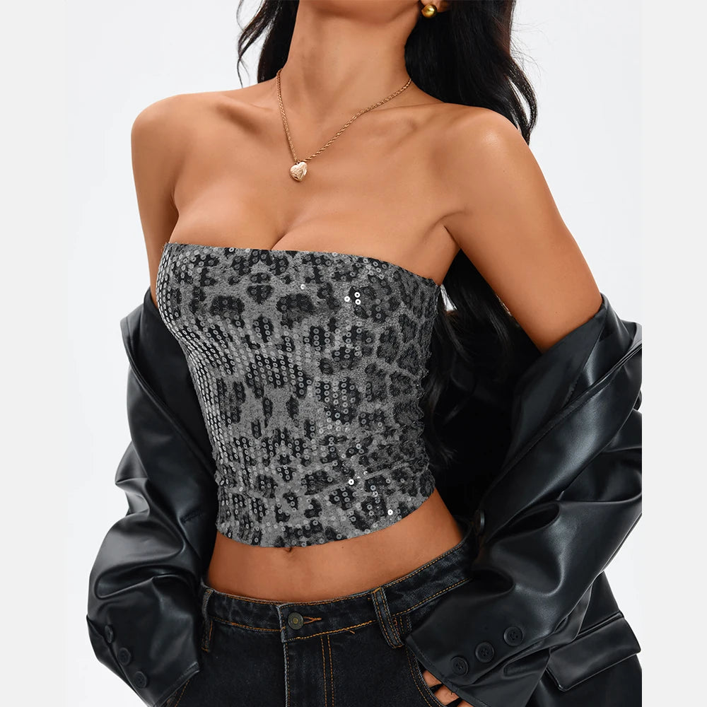 Anfilia Women's Sexy Nightclub Leopard Print Sequin Halter Top, Back Zipper, Slim Fit Inner Tank, Fashionable Y2K Style Tops