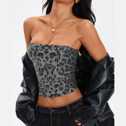Anfilia Women's Sexy Nightclub Leopard Print Sequin Halter Top, Back Zipper, Slim Fit Inner Tank, Fashionable Y2K Style Tops
