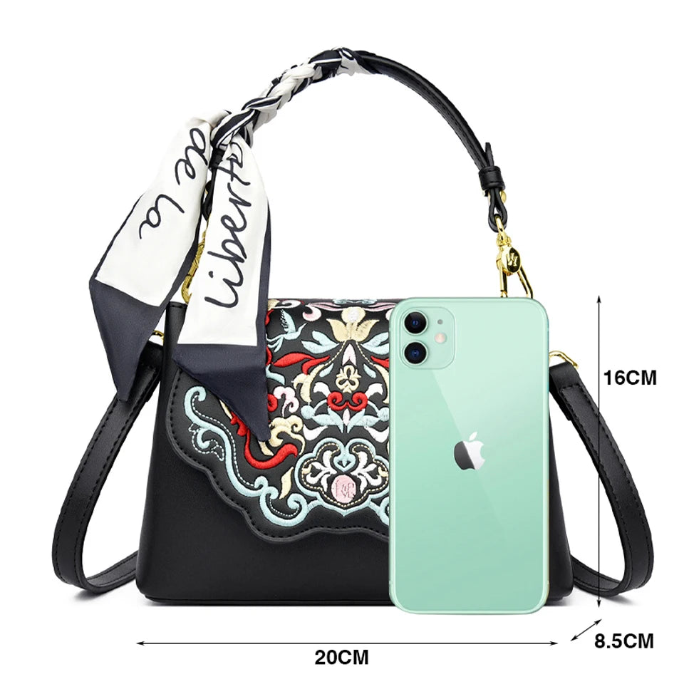 Fashion Embroidery Shoulder Bag Women Designer High Quality Leather Handbag Purse Ladies Small Crossbody Messenger Bag Female