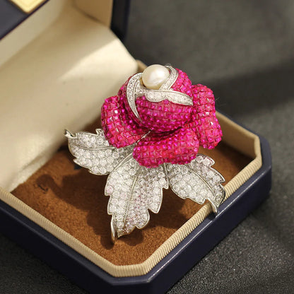 Heavy Industry Luxury Full Diamond Crystal Rose Brooches Fashion Flower Broche Coat Suit Exquisite Accessories Pins for Women