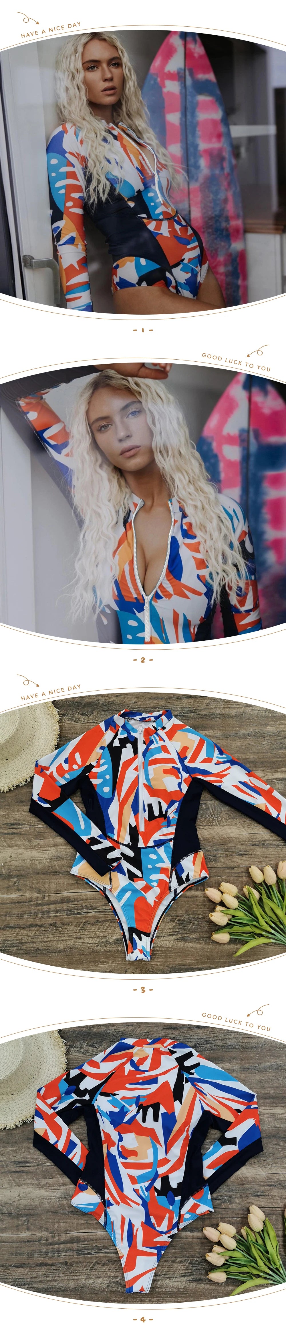 TYAKKVE Surf Swimwear Rash Guard Long Sleeve One Piece Swimsuit For Women Print High Neck Bodysuits Swim Suits Backless Monokini