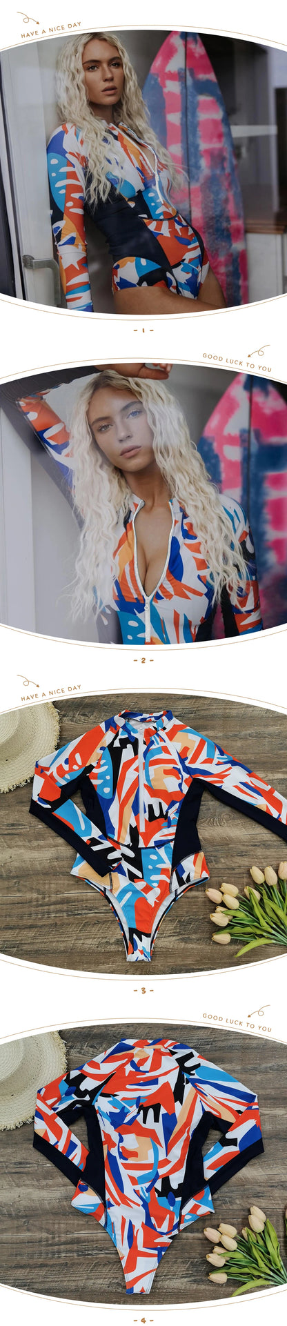 TYAKKVE Surf Swimwear Rash Guard Long Sleeve One Piece Swimsuit For Women Print High Neck Bodysuits Swim Suits Backless Monokini