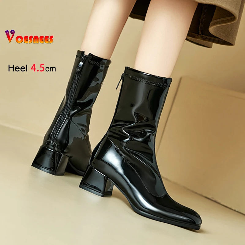 Black Thick Heel Short Boots For Women 4.5CM Fashion Back Zipper Autumn Winter Woman Shoes Square Toe Leisure Daily Ankle Boots