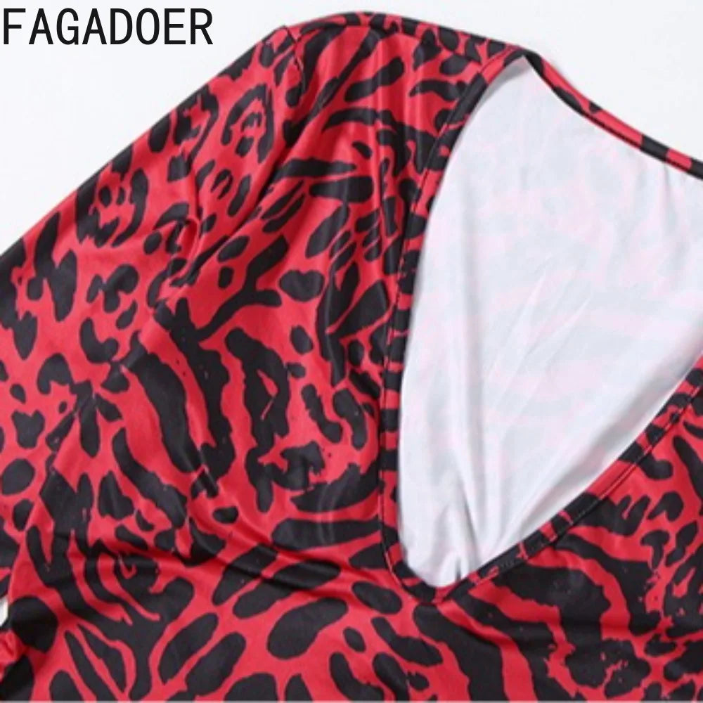 FAGADOER Fashion Leopard Printting Patchwork Bodycon Jumpsuits Woman Low-cut Long Sleeves Rompers Female Streetwear Overalls New