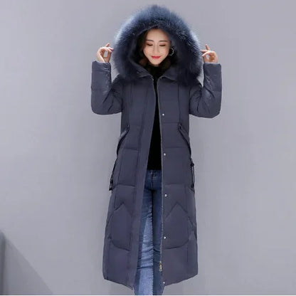 New Women's Winter Jacket 2026 Mid-length Fashion Slim Over Knee Fur Collar Thick Cotton Coat Elegant Gray Parka Woman Clothing