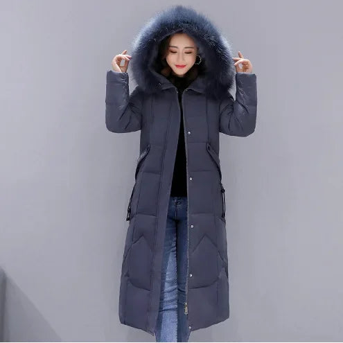 New Women's Winter Jacket 2026 Mid-length Fashion Slim Over Knee Fur Collar Thick Cotton Coat Elegant Gray Parka Woman Clothing