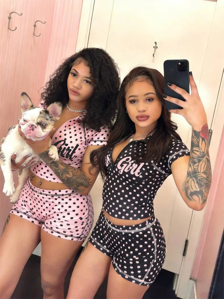 Kliou Polka Dot Print 2 Piece Set Woman Zip Turtleneck Short Sleeve Crop Tops+Skinny Shorts Street Sexy Fashion Style Outfits