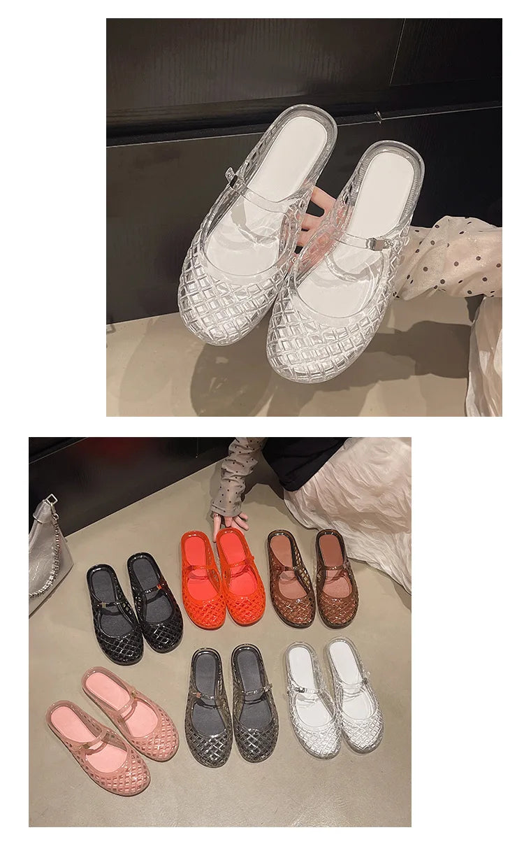 Women's Light Luxury Crystal Jelly Mary Jane Flat Sandals Hollow-out Breathable Closed Toe Summer Casual Non-slip Slip-on Shoes