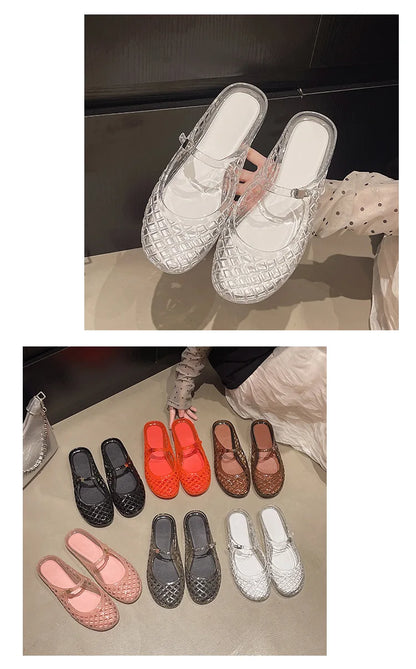 Women's Light Luxury Crystal Jelly Mary Jane Flat Sandals Hollow-out Breathable Closed Toe Summer Casual Non-slip Slip-on Shoes
