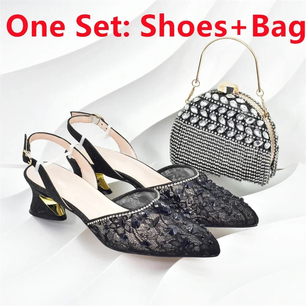 New Arrival African Wedding Shoes and Bag Set with Rhinestone Italian Design Shoes with Matching Bags Nigerian Lady Party Pumps