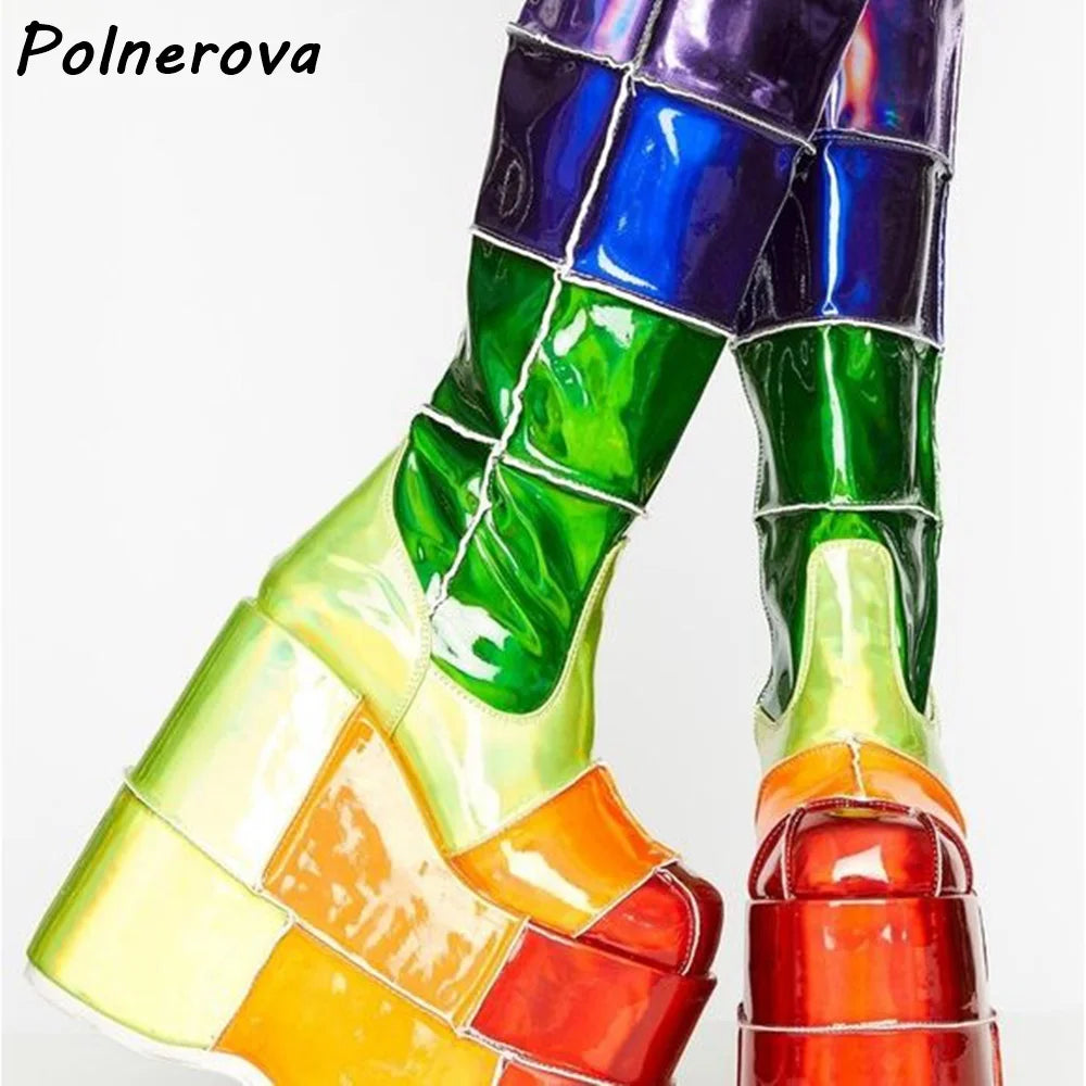 Double Platform Knee High Boots Rainbow Patchwork Round Toe Thick Soled Women's Shoes Women's Fashion Sexy Leather Winter Boots