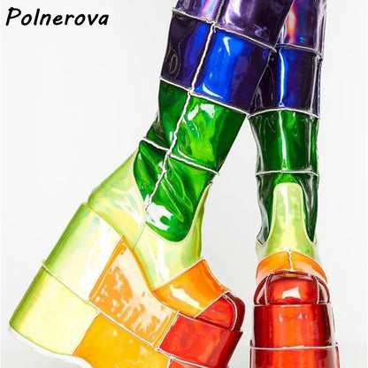 Double Platform Knee High Boots Rainbow Patchwork Round Toe Thick Soled Women's Shoes Women's Fashion Sexy Leather Winter Boots