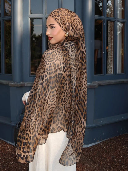 2025 New Vintage Voile Scarf Leopard Print Hijab for Women Lightweight Sunscreen Head Wrap Beach Cover-Up Windproof Travel Scarf