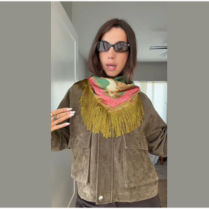 Tassel Floral Women ’s Scarf Large Square Silky Satin Scarf With Olive Fringe Trim Scarf Female 2026 Spring Woman Accessory