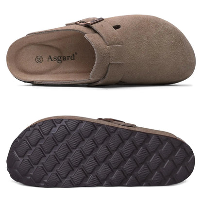 Asgard Women Suede Clogs Genuine Leather Mules Adjustable Buckle with Comfort Cork Footbed and Arch Support Aldult Potato Shoes