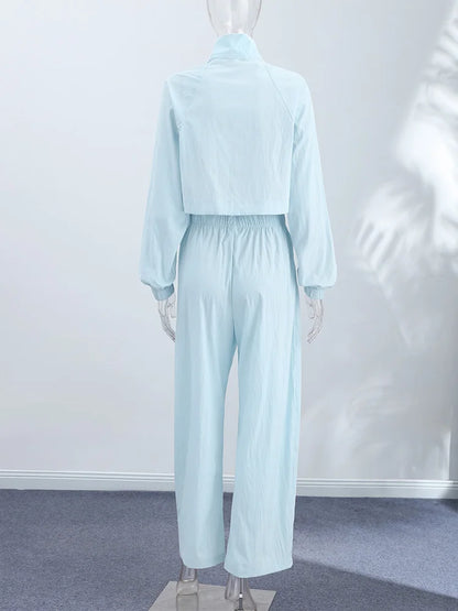 Stand Collar Thin Cropped Coats Pants Suits Women Street Lantern Long Sleeve Zipper Loose Tops Drawstring Wide Leg Trousers Sets