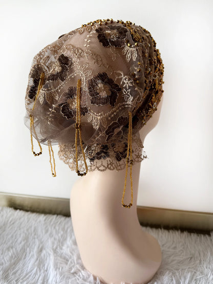 High Quality Lace handcrafted Beaded Turban Hat Female Head Wraps Caps Muslim Women Headscarf Bonnet Ready to Wear Inner Hijabs