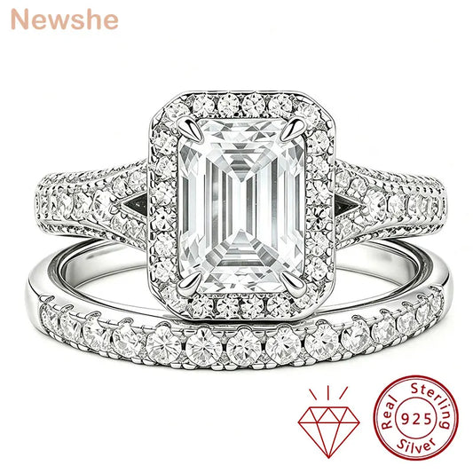Newshe Women's Stackable VVS1 Moissanite Wedding Ring Set GRA Certified Halo Emerald Cut 925 Sterling Silver Bridal Rings