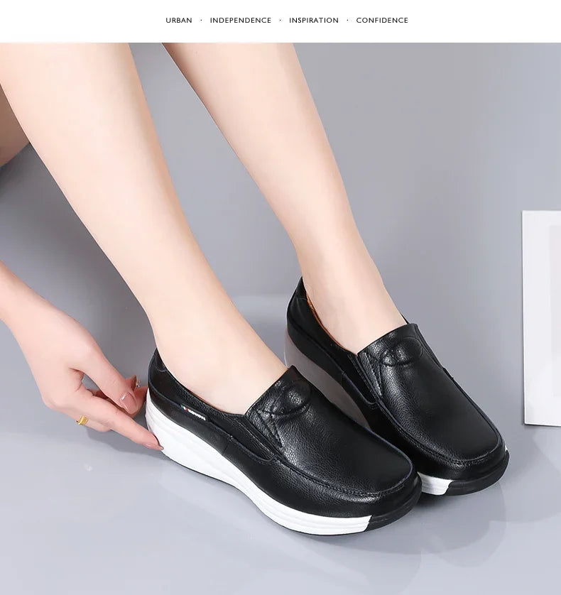 Women Flats Platform Loafers Ladies Elegant Genuine Leather Moccasins Shoes Woman Spring Round Toe Slip On Casual Women's Shoes