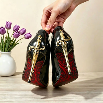 Women's Exquisite Metal Sword Pointed Toe High Heels Pumps Shallow Mouth Single Shoes Spring Sexy Stiletto Footwear