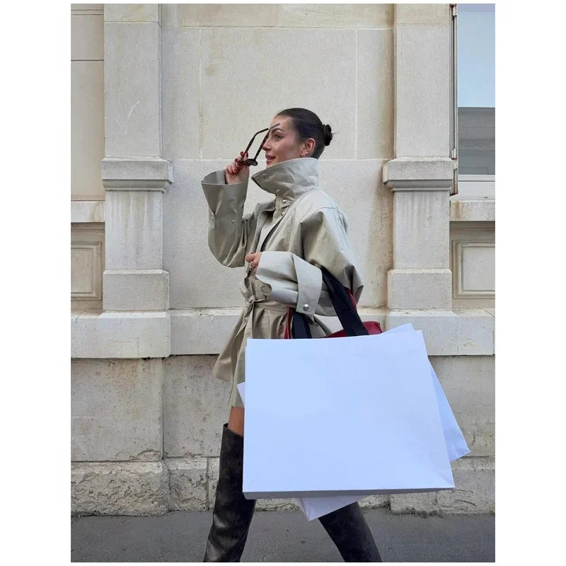 Fashion Stand Collar Short Trench Coat Women Solid Double-breasted Belt Jacket 2026 Autumn Lady Commuting Casual Outwear