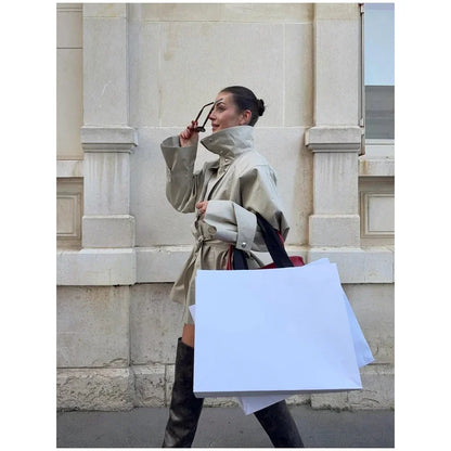 Fashion Stand Collar Short Trench Coat Women Solid Double-breasted Belt Jacket 2026 Autumn Lady Commuting Casual Outwear
