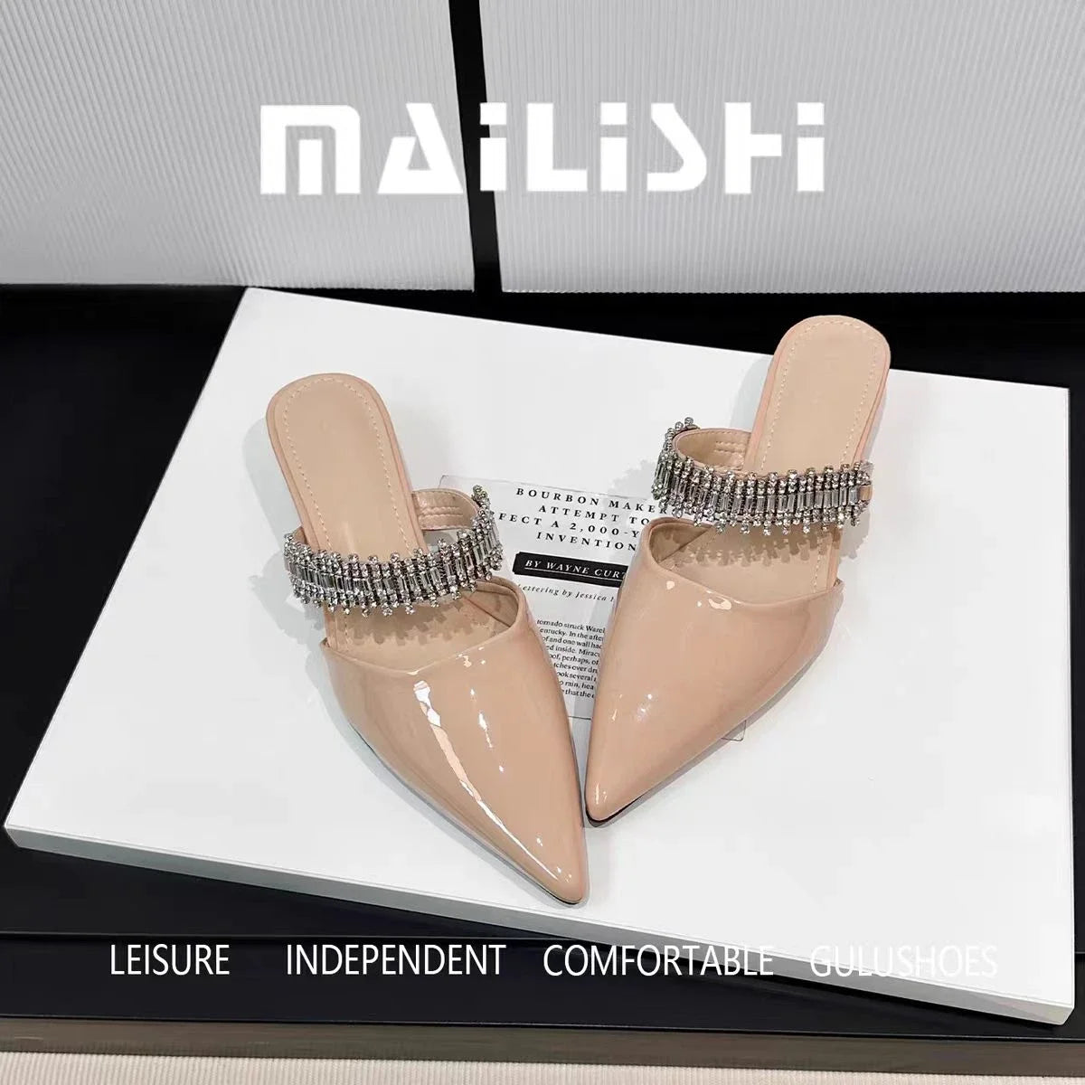 Luxury Crystal Women Slippers Pointed Toe Mules Shoes Elegant Heeled Sandals New Party Slingabck Flip Flops Elegant Mujer Shoes