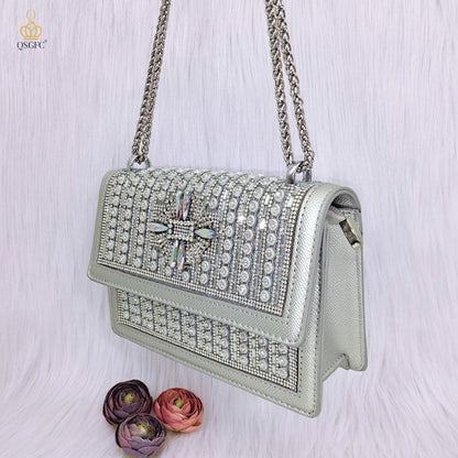 QSGFC High Quality Women's Pumps And Bag Silver Color Full Of Rhinestones High-Grade Materials For Nigerian Wedding Party