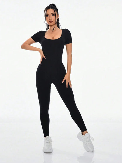 Women's Slimming Sexy Yoga Sports Jumpsuit Spring Summer Threaded Square Collar Lifting Buttocks Design Comfortable Active Wear