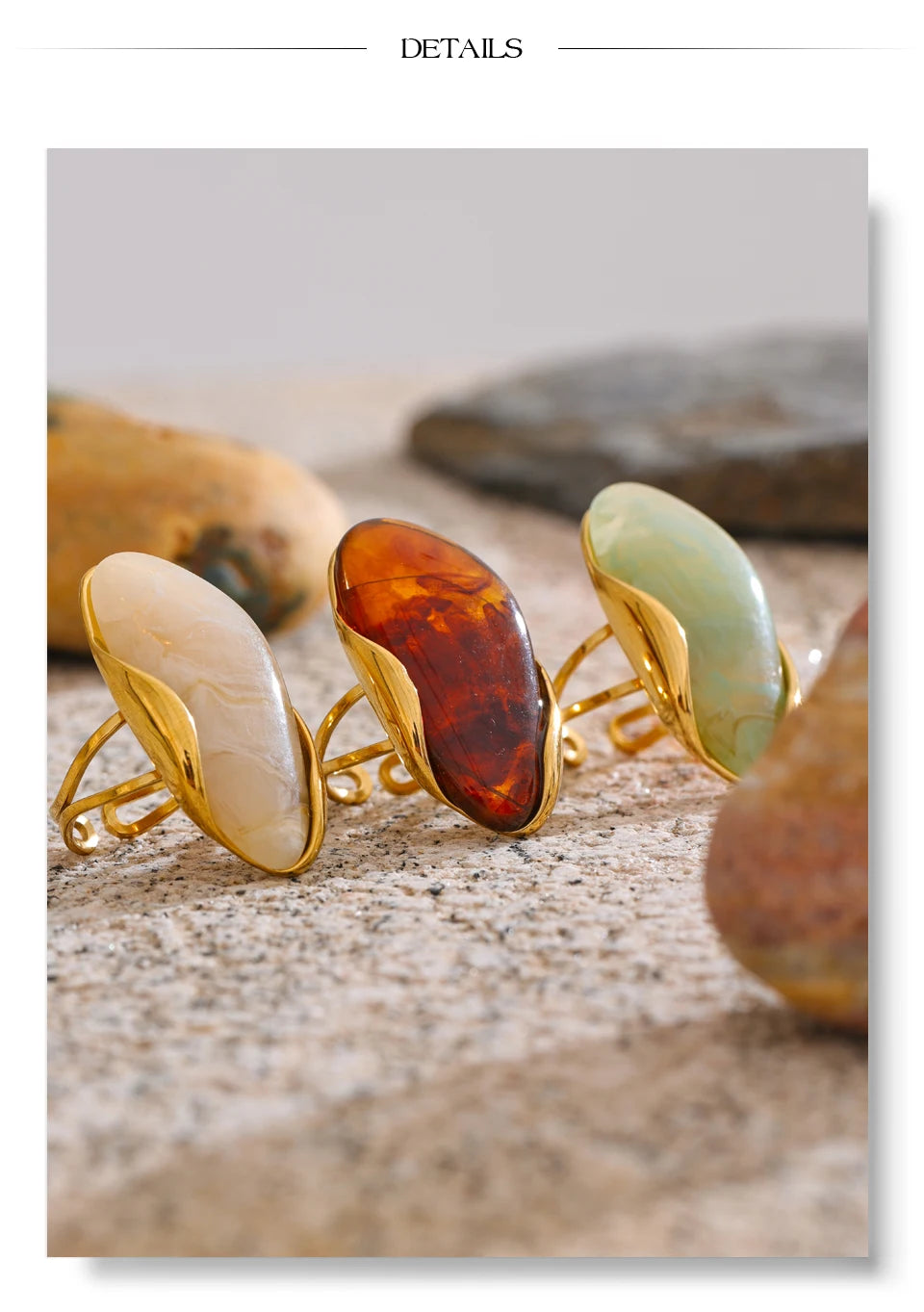 Yhpup New Design Brown Green Beige Resin Geometric Adjustable Ring Golden PVD Stainless Steel Rust Proof Finger Jewelry Gift