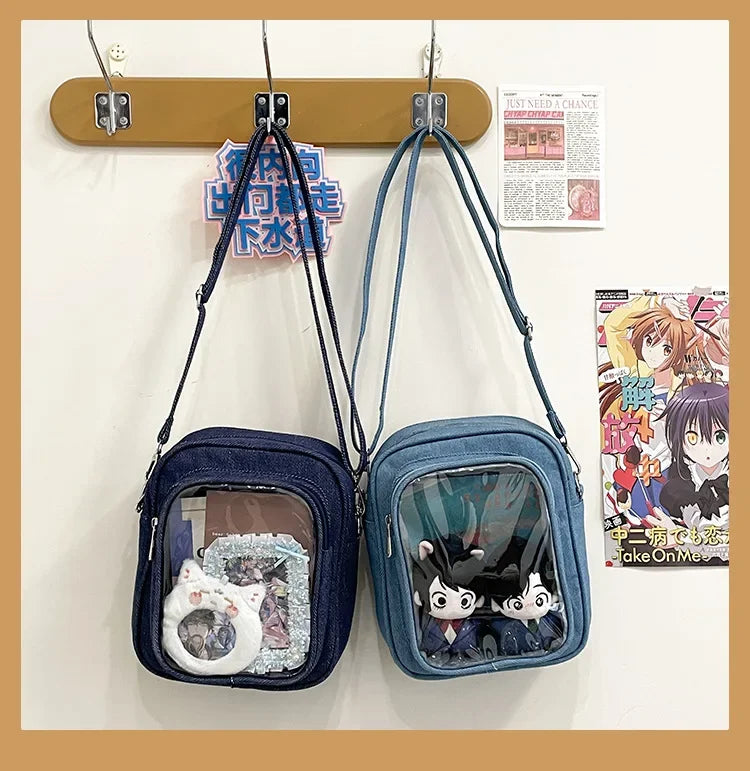 New Denim Ulzzang Ita Bags Female Transparent Badge Doll Show Crossbody Shoulder Bag Individuality Designer 2 Sides Bolso Mujer