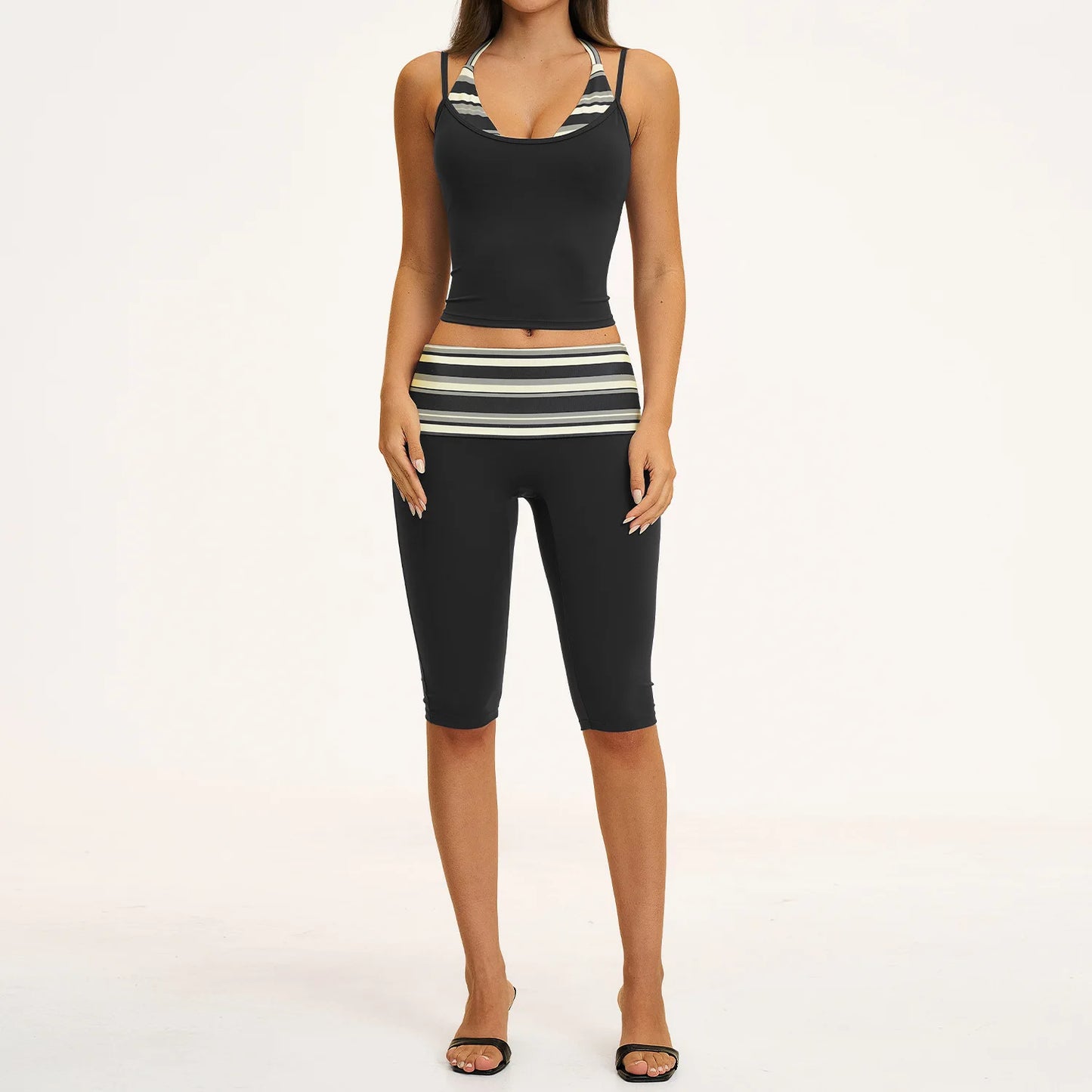 2PCS Stripes Fitness Suit Women's Tracksuits Polka Dot High Waist Workout Capri Pants Sports Set Female Yoga Sports Clothes
