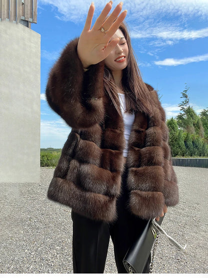 Lautaro Autumn Winter Elegant Luxury Chic Thick Warm Striped Hairy Faux Sable Fur Coat Women V Neck High Quality Fluffy Jacket