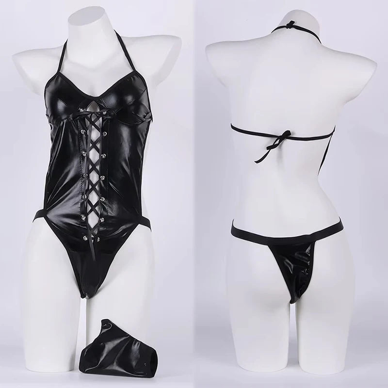 Latex Leather Porn Underwear Plus Size Women Backless Deep V Teddy Bodysuit Erotic Costumes Hollow Out Corsets Sexy Lingerie Set