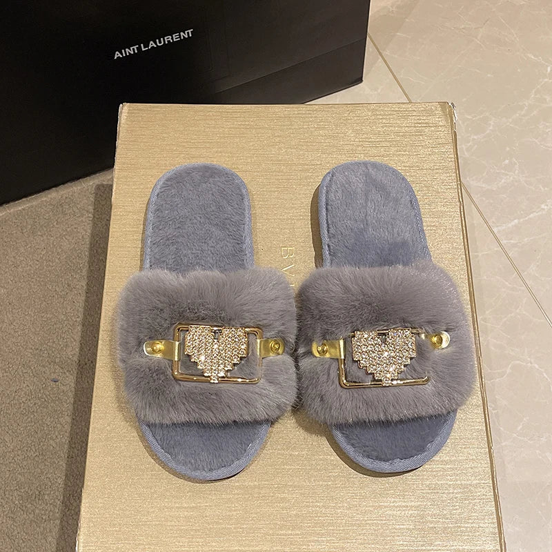 Love Chain Fluffy Women's Slippers Home Fashion Luxury Designer Shoes Woman Autumn Winter Faux Fuzzy Fur Slides Indoor Elegant