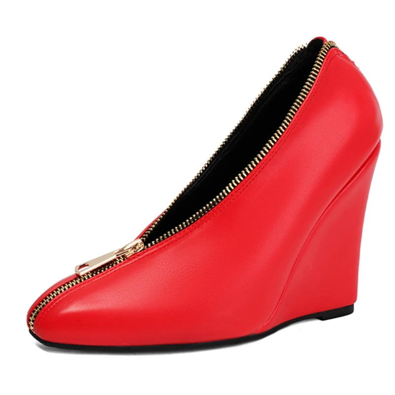 Sexy Women's Wedge High Heels Pumps Shoes Sexy Zipper Black Red White Wedges Heeled Large Size Office Party Wedding Shoes Ladies