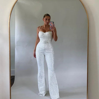 Fashion Wide Leg Sequin Jumpsuits Women Spring Backless Sleeveless Overall with Belt Female Elegant High Waist Chic Streetwear