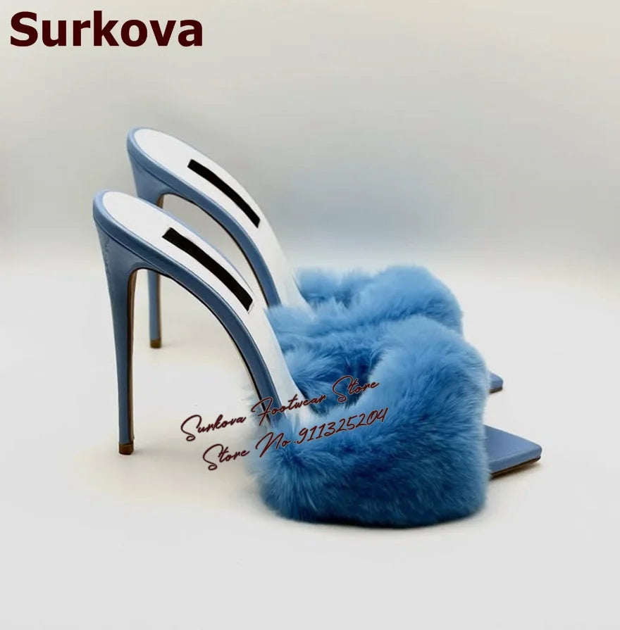Surkova Sky Blue Black Luxury Fur Embellished Sandals Suede Thin High Heel Slippers Steel Tip Toe Slip-on Evening Shoes Size46