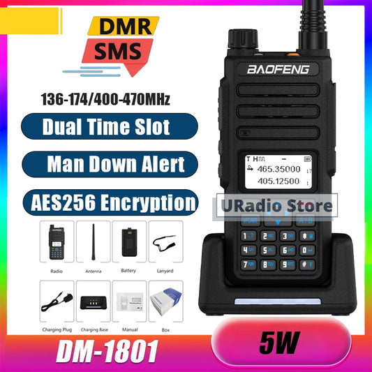 Baofeng DM-1801 DMR Digital Walkie Talkie Radio AES256 Man Down Seamless Roaming SMS Customizable Side Button Dual Band DR-1801