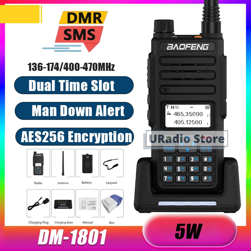 Baofeng DM-1801 DMR Digital Walkie Talkie Radio AES256 Man Down Seamless Roaming SMS Customizable Side Button Dual Band DR-1801