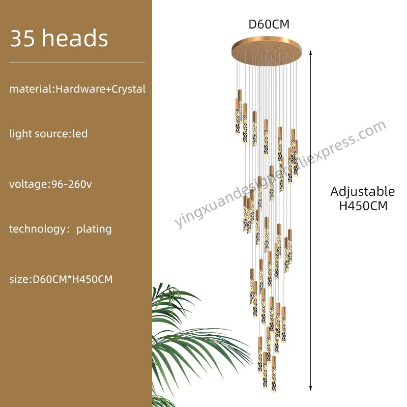 Crystal Staircase Pendant Lamp Modern Gold Lighting Fixture Ceiling Hang Pendant Light Luster Indoor Villa Loft Stair Chandelier
