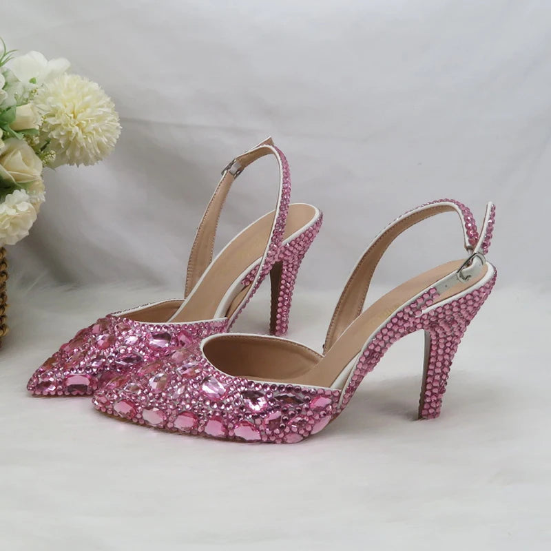 Fashion Sling-back Pink Bling Pointed Toe Wedding Shoes and bag Woman High Pumps Thin Heel Party Shoes Slingbacks Shoe Bag Set